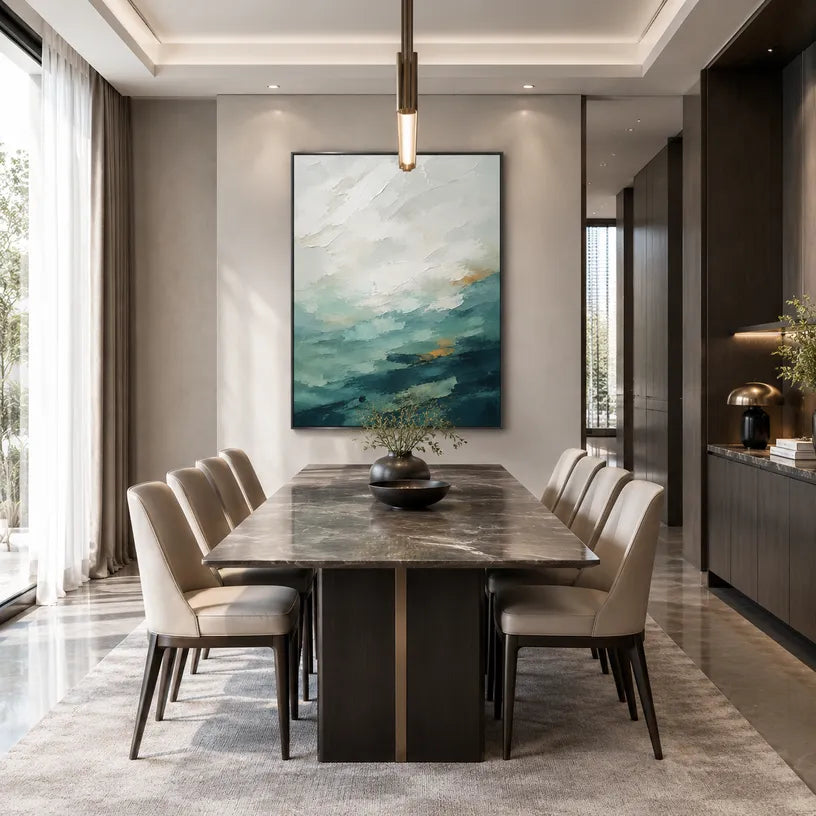 Abstract Expressionist landscapes & seascapes & cityscapes oil painting showing a painterly landscape with distant hills, trees or reflective water.