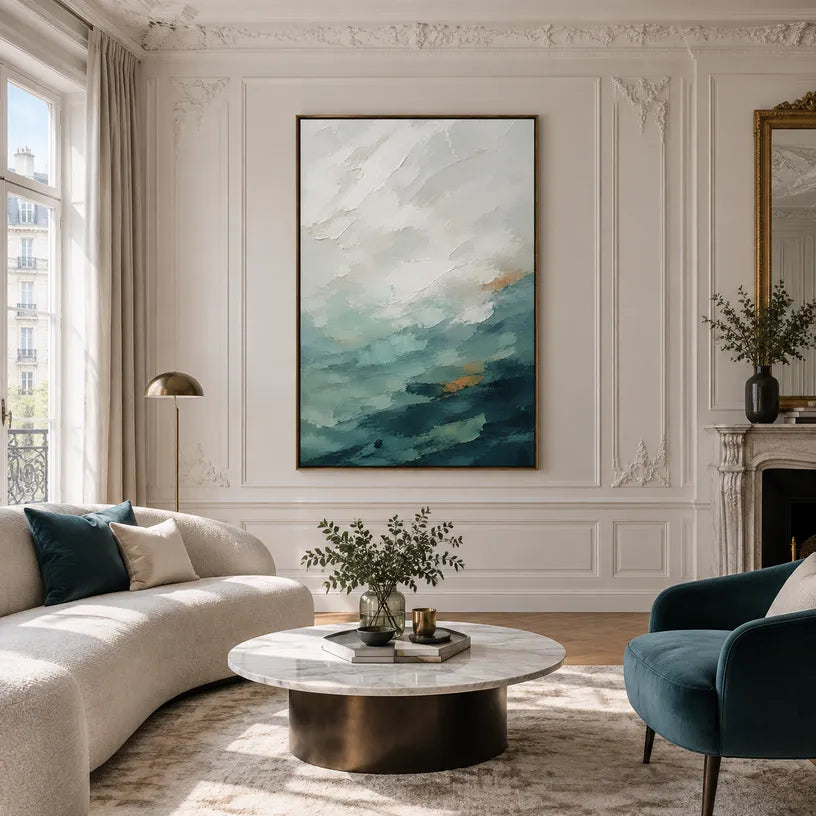Abstract Expressionist landscapes & seascapes & cityscapes oil painting showing a painterly landscape with distant hills, trees or reflective water.
