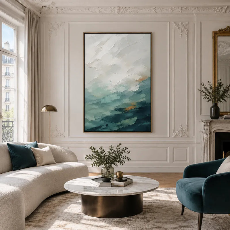 Peinture à l'huile abstraite et conceptuelle d'expressionnisme abstrait présentant des marques abstraites superposées, une texture et un mouvement pictural expressif.