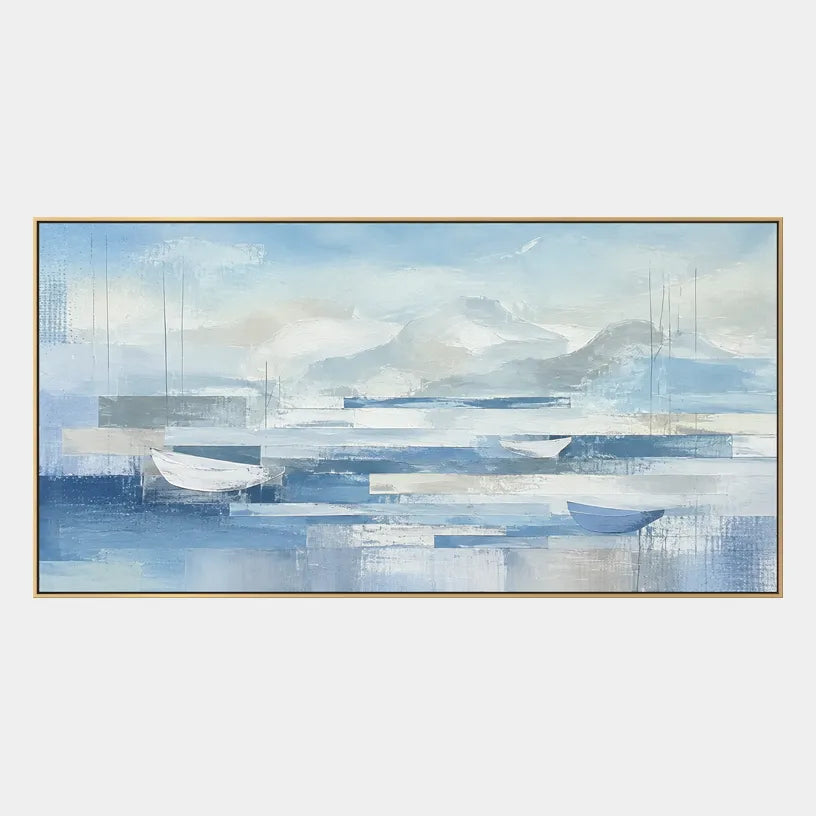 Abstract Expressionist landscapes & seascapes & cityscapes oil painting showing a painterly landscape with distant hills, trees or reflective water in a blue palette.