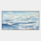 Abstract Expressionist landscapes & seascapes & cityscapes oil painting showing a painterly landscape with distant hills, trees or reflective water in a blue palette.