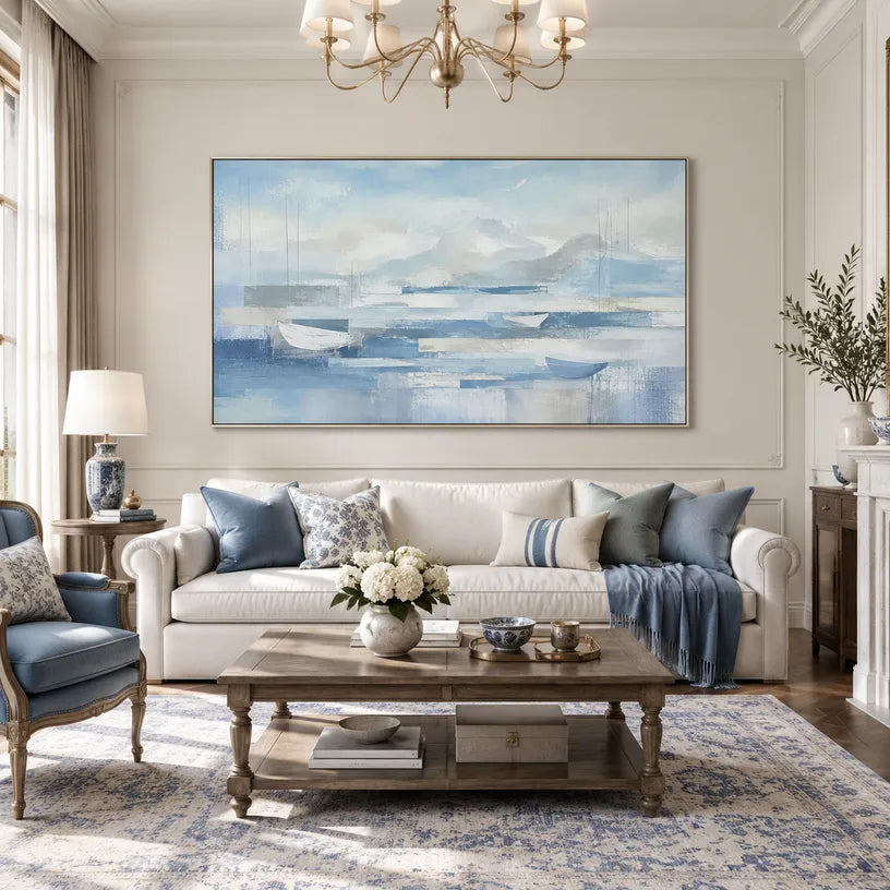 Abstract Expressionist landscapes & seascapes & cityscapes oil painting showing a painterly landscape with distant hills, trees or reflective water in a blue palette.