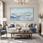 Abstract Expressionist landscapes & seascapes & cityscapes oil painting showing a painterly landscape with distant hills, trees or reflective water in a blue palette.