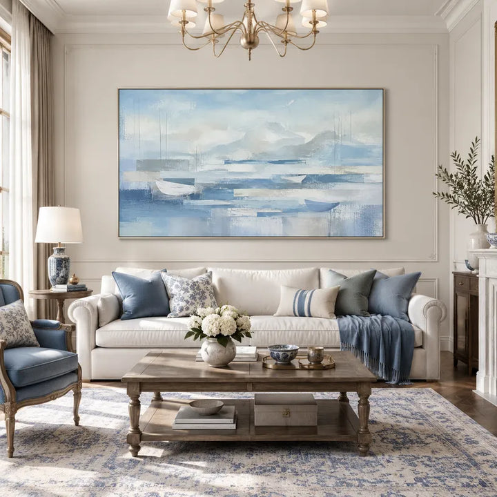 Abstract Expressionism landscapes & seascapes & cityscapes oil painting featuring an atmospheric landscape, seascape or city-inspired composition in a blue palette.