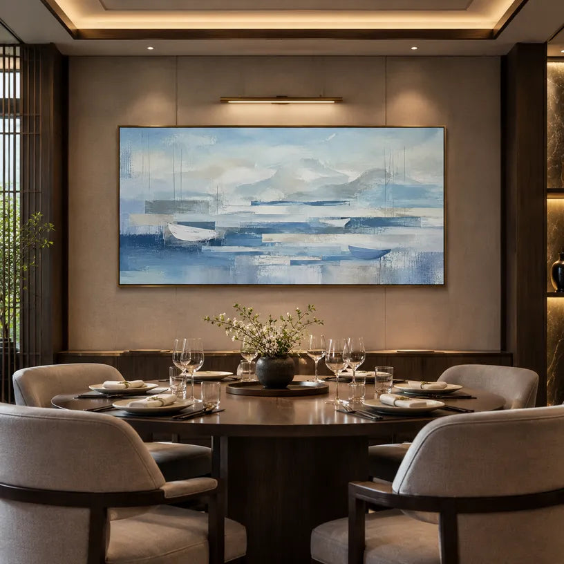 Abstract Expressionist landscapes & seascapes & cityscapes oil painting showing a painterly landscape with distant hills, trees or reflective water in a blue palette.