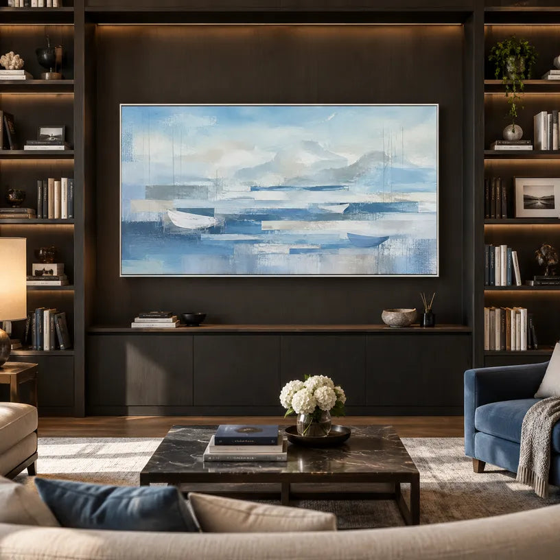 Abstract Expressionist landscapes & seascapes & cityscapes oil painting showing a painterly landscape with distant hills, trees or reflective water in a blue palette.