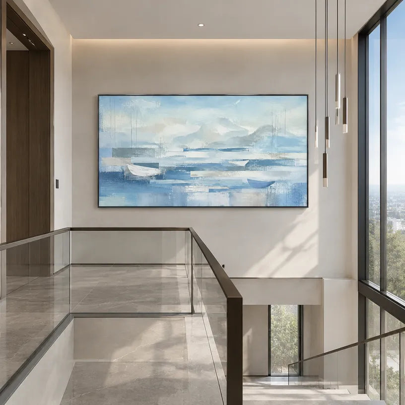 Abstract Expressionist landscapes & seascapes & cityscapes oil painting showing a painterly landscape with distant hills, trees or reflective water in a blue palette.