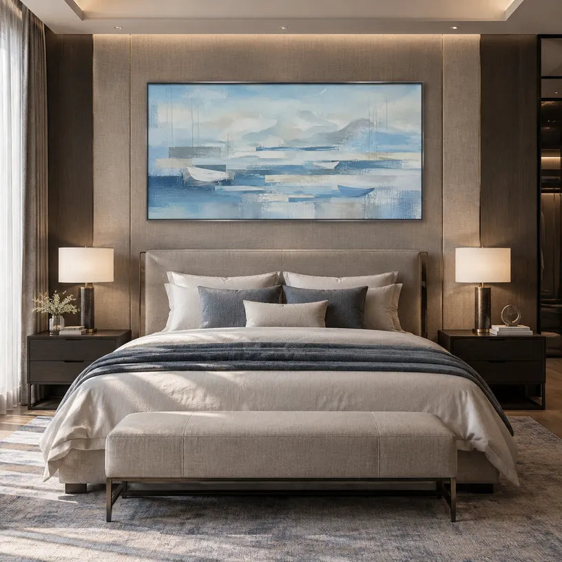 Abstract Expressionist landscapes & seascapes & cityscapes oil painting showing a painterly landscape with distant hills, trees or reflective water in a blue palette.