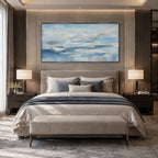 Abstract Expressionist landscapes & seascapes & cityscapes oil painting showing a painterly landscape with distant hills, trees or reflective water in a blue palette.