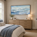 Abstract Expressionist landscapes & seascapes & cityscapes oil painting showing a painterly landscape with distant hills, trees or reflective water in a blue palette.