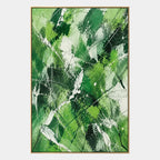Abstract Expressionist abstract oil painting showing layered abstract marks, texture and expressive painterly movement in a green palette.