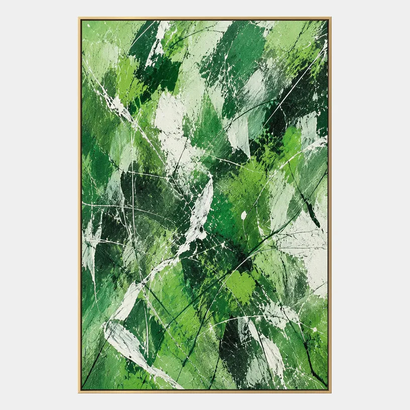 Abstract Expressionist abstract oil painting showing layered abstract marks, texture and expressive painterly movement in a green palette.