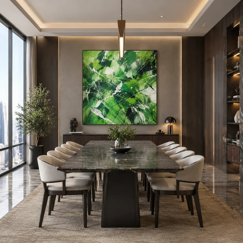 Abstract Expressionist abstract oil painting showing layered abstract marks, texture and expressive painterly movement in a green palette.