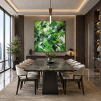 Abstract Expressionist abstract oil painting showing layered abstract marks, texture and expressive painterly movement in a green palette.