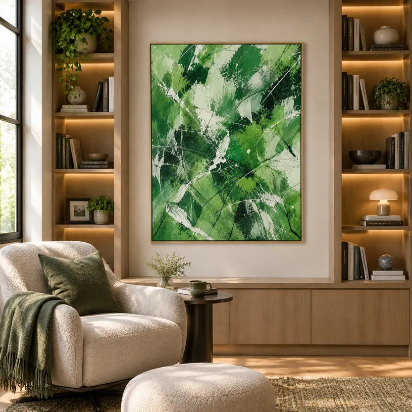 Abstract Expressionist abstract oil painting showing layered abstract marks, texture and expressive painterly movement in a green palette.