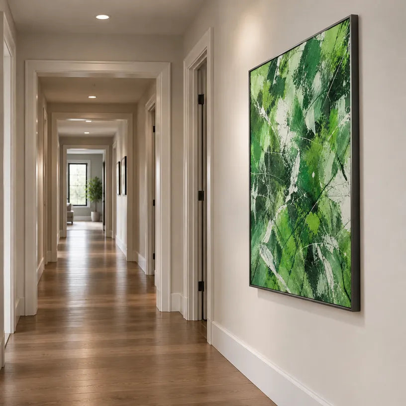 Abstract Expressionist abstract oil painting showing layered abstract marks, texture and expressive painterly movement in a green palette.