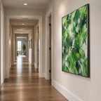 Abstract Expressionist abstract oil painting showing layered abstract marks, texture and expressive painterly movement in a green palette.