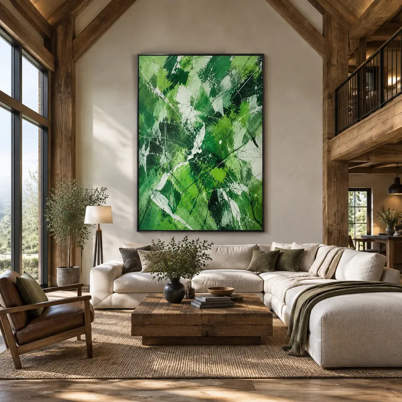 Abstract Expressionist abstract oil painting showing layered abstract marks, texture and expressive painterly movement in a green palette.