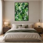 Abstract Expressionist abstract oil painting showing layered abstract marks, texture and expressive painterly movement in a green palette.