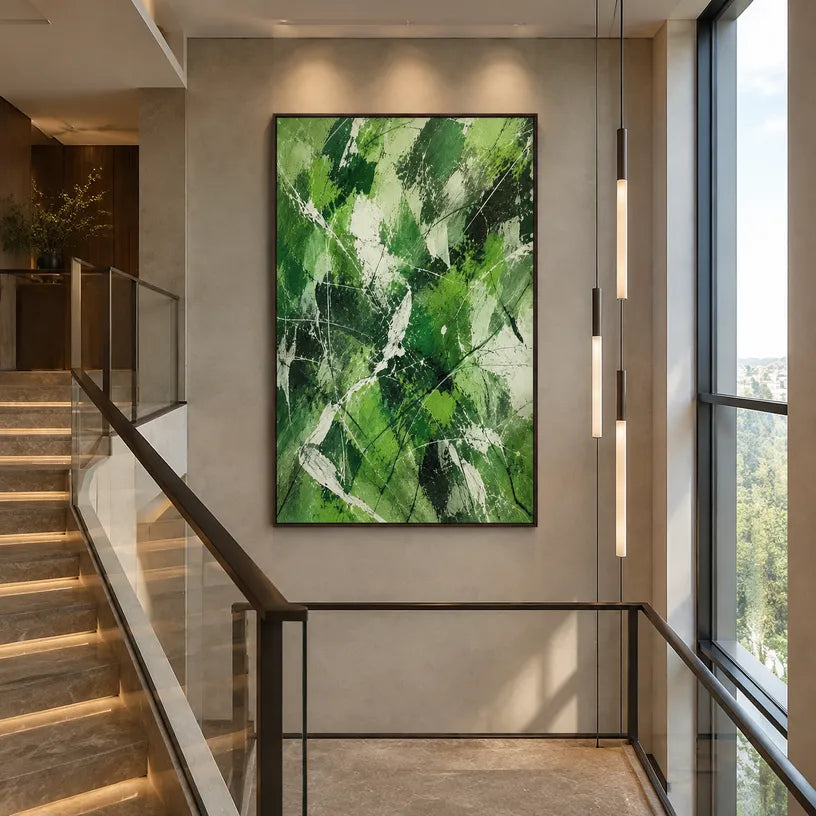 Abstract Expressionist abstract oil painting showing layered abstract marks, texture and expressive painterly movement in a green palette.