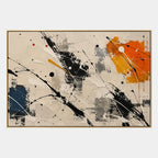 Abstract Expressionist abstract oil painting showing pale abstract field with black, blue and orange marks in a black and white palette, contemporary wall art.