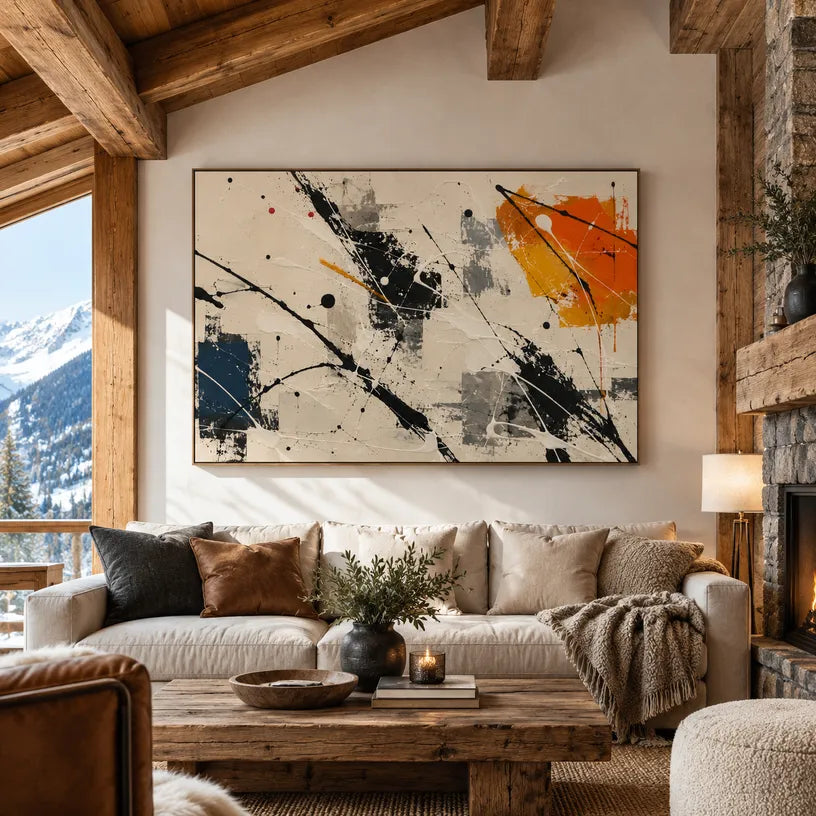 Abstract Expressionist abstract oil painting showing pale abstract field with black, blue and orange marks in a black and white palette, contemporary wall art.