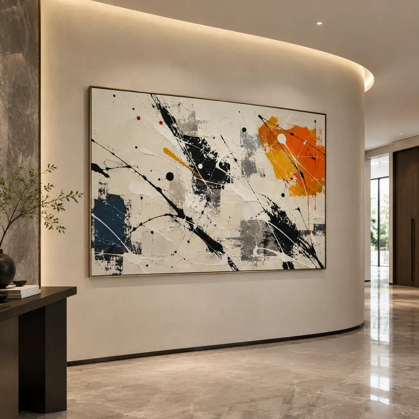 Abstract Expressionist abstract oil painting showing pale abstract field with black, blue and orange marks in a black and white palette, contemporary wall art.