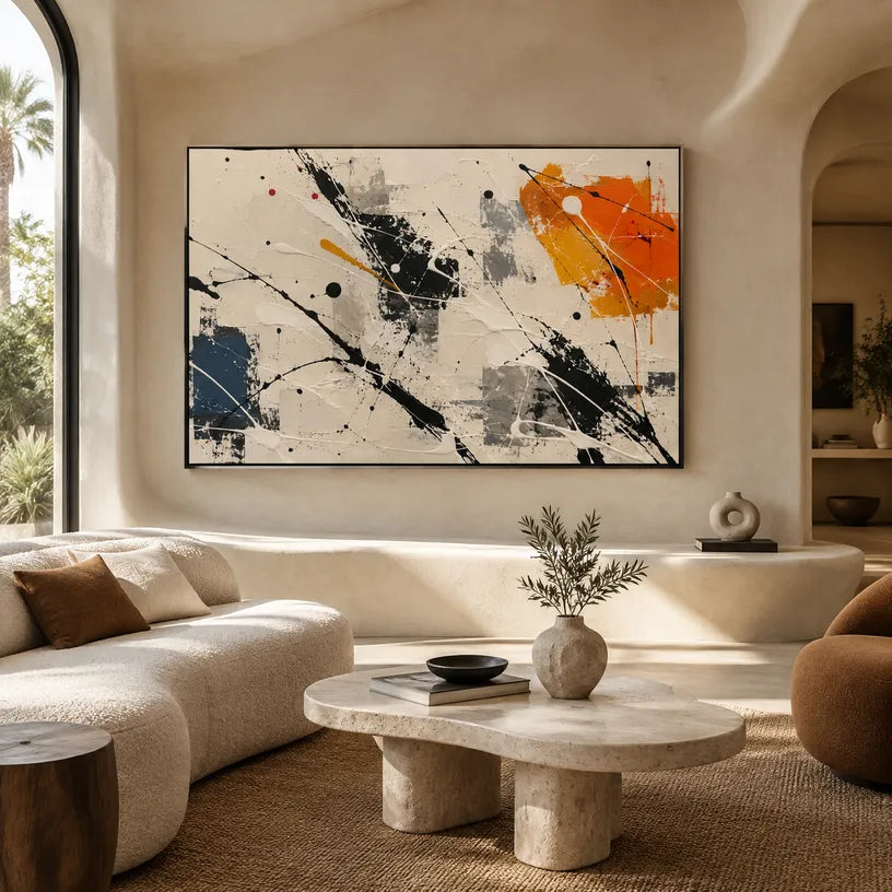 Abstract Expressionist abstract oil painting showing pale abstract field with black, blue and orange marks in a black and white palette, contemporary wall art.