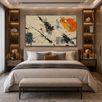 Abstract Expressionist abstract oil painting showing pale abstract field with black, blue and orange marks in a black and white palette, contemporary wall art.