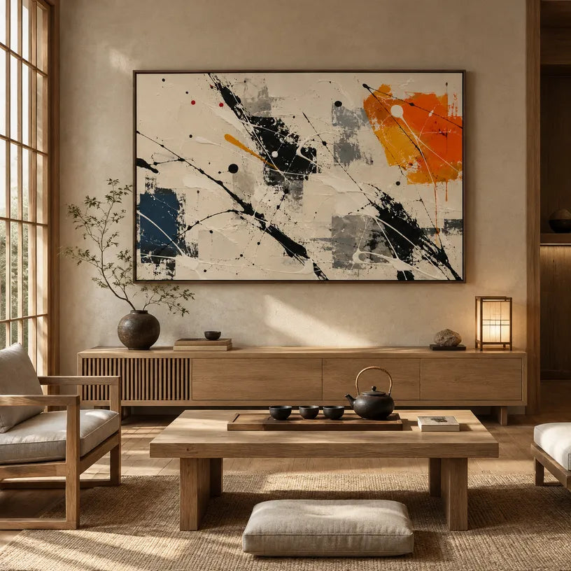 Abstract Expressionist abstract oil painting showing pale abstract field with black, blue and orange marks in a black and white palette, contemporary wall art.