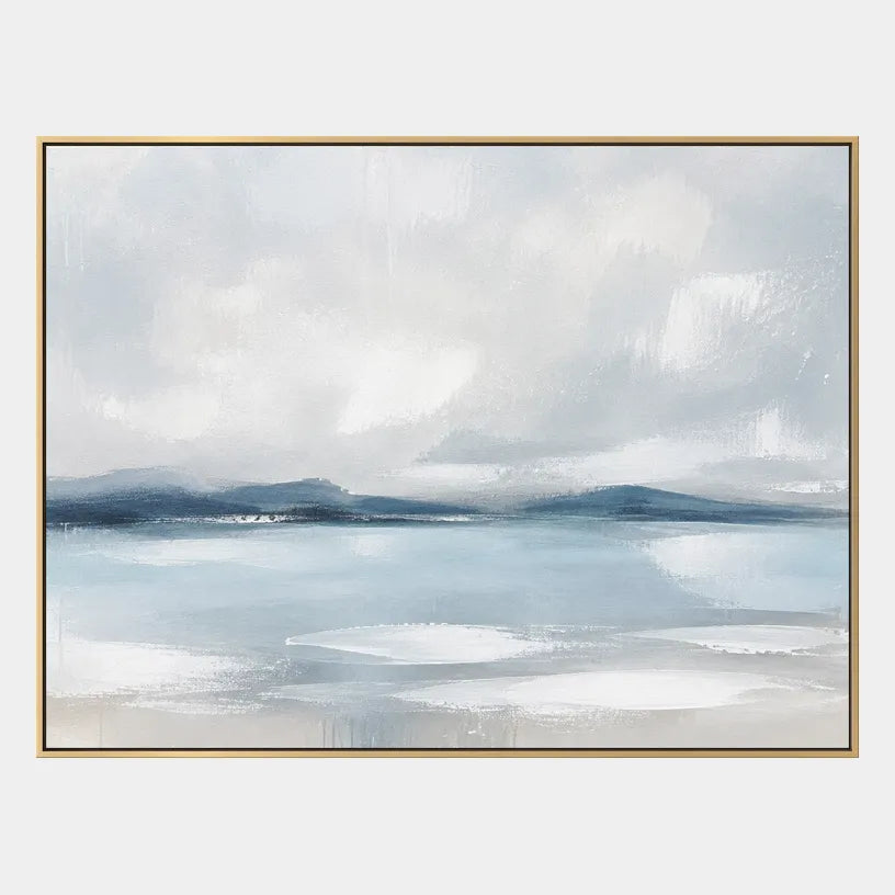 Abstract Expressionist landscapes & seascapes & cityscapes oil painting showing a painterly landscape with distant hills, trees or reflective water.