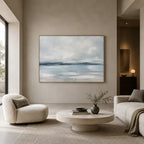 Abstract Expressionist landscapes & seascapes & cityscapes oil painting showing a painterly landscape with distant hills, trees or reflective water.