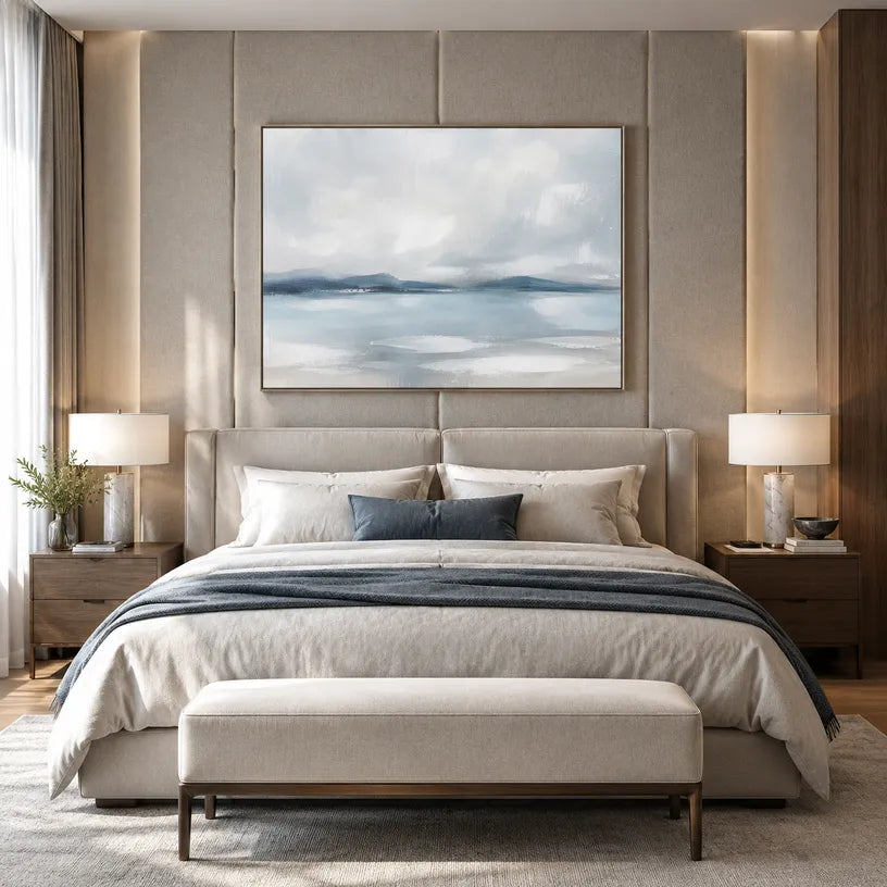 Abstract Expressionist landscapes & seascapes & cityscapes oil painting showing a painterly landscape with distant hills, trees or reflective water.
