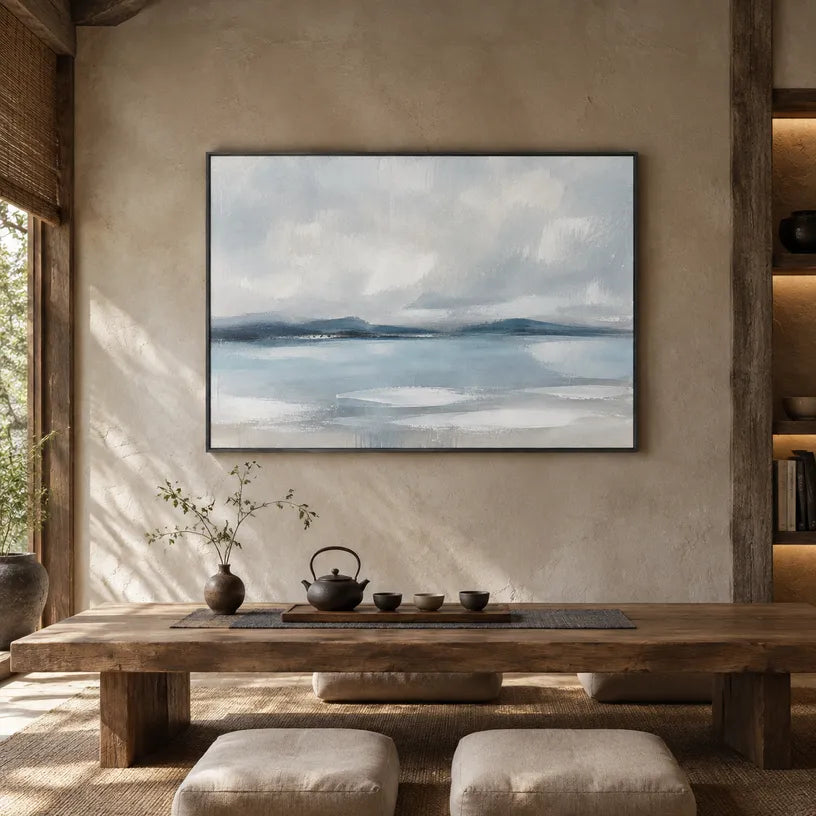 Abstract Expressionist landscapes & seascapes & cityscapes oil painting showing a painterly landscape with distant hills, trees or reflective water.