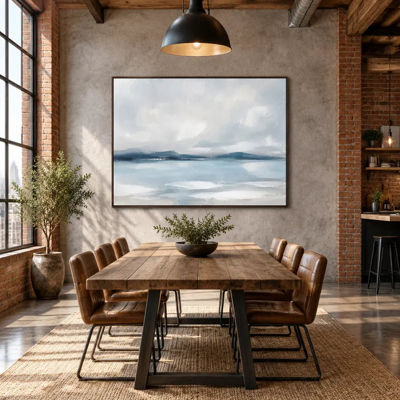 Abstract Expressionist landscapes & seascapes & cityscapes oil painting showing a painterly landscape with distant hills, trees or reflective water.