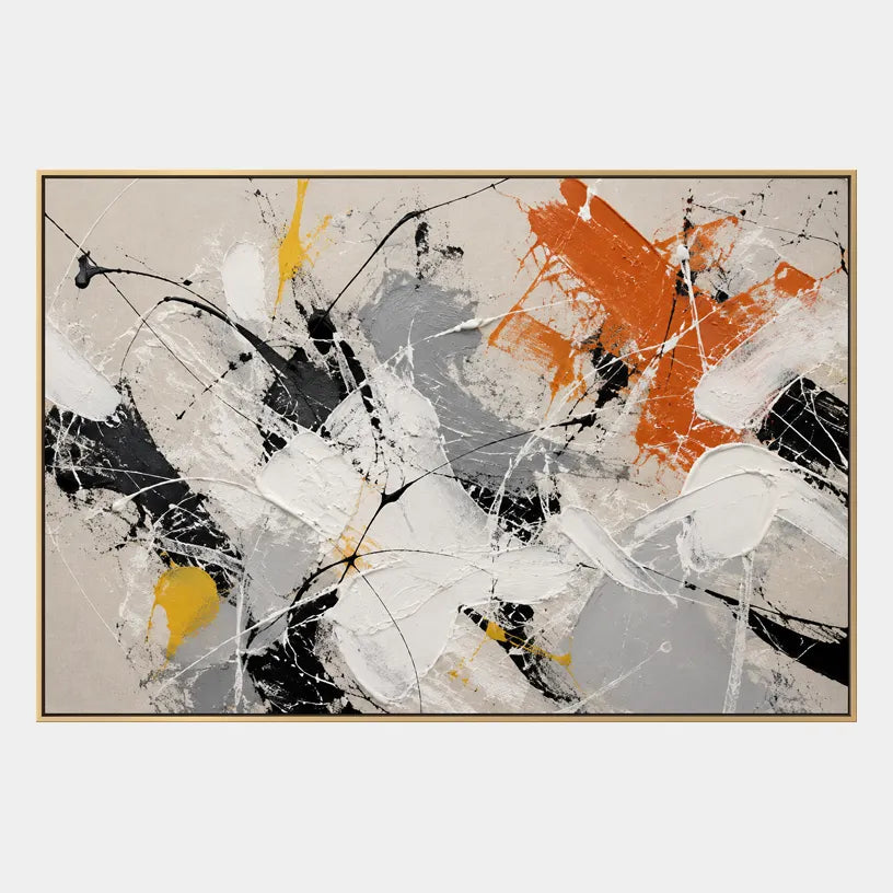 Abstract Expressionist abstract oil painting showing black, white, grey and orange gestural marks, contemporary wall art.
