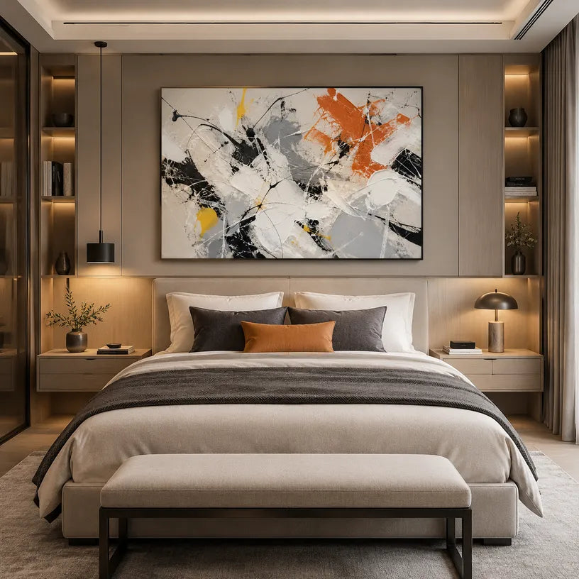 Abstract Expressionist abstract oil painting showing black, white, grey and orange gestural marks, contemporary wall art.