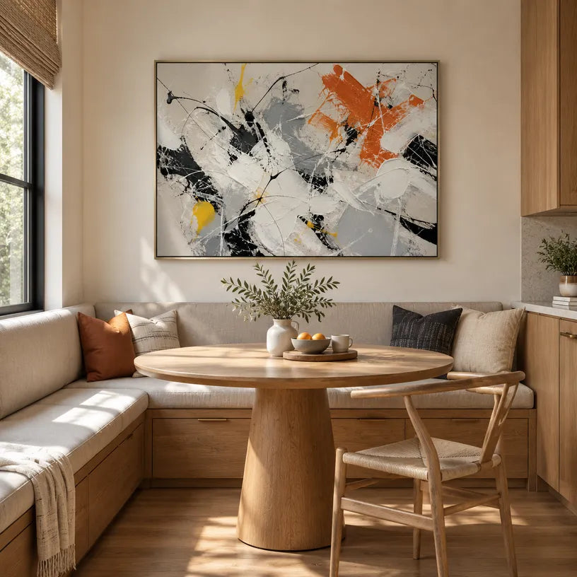 Abstract Expressionist abstract oil painting showing black, white, grey and orange gestural marks, contemporary wall art.