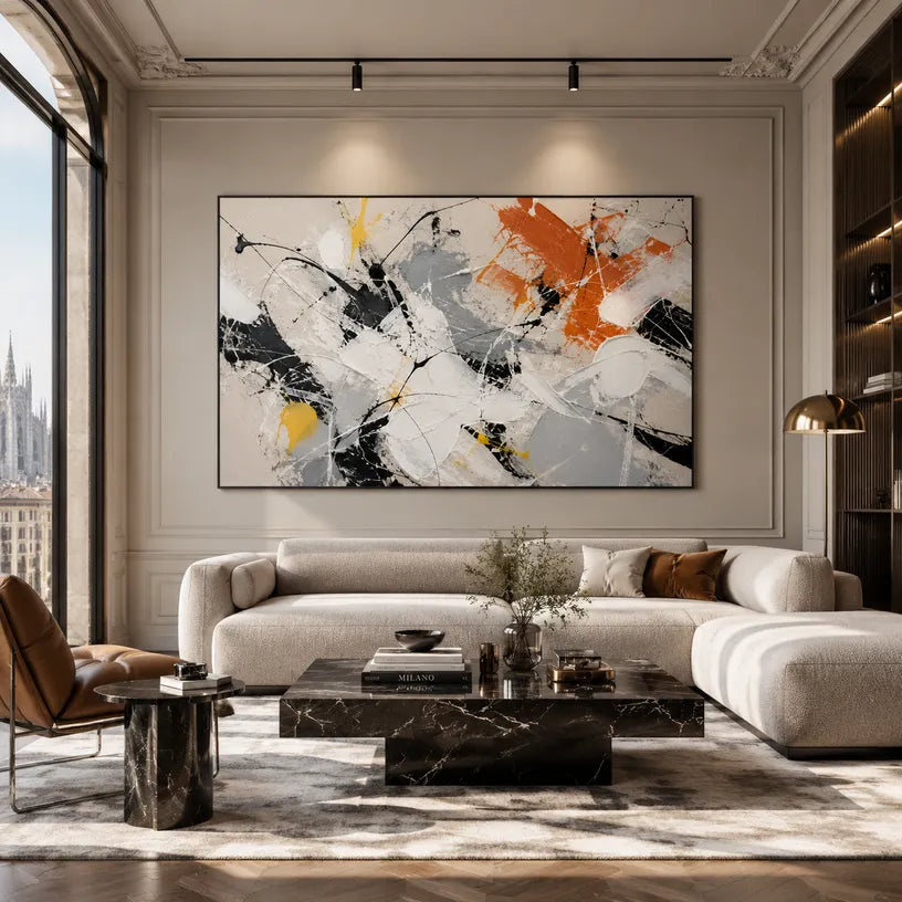 Abstract Expressionist abstract oil painting showing black, white, grey and orange gestural marks, contemporary wall art.