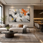 Abstract Expressionist abstract oil painting showing black, white, grey and orange gestural marks, contemporary wall art.