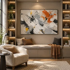 Abstract Expressionist abstract oil painting showing black, white, grey and orange gestural marks, contemporary wall art.