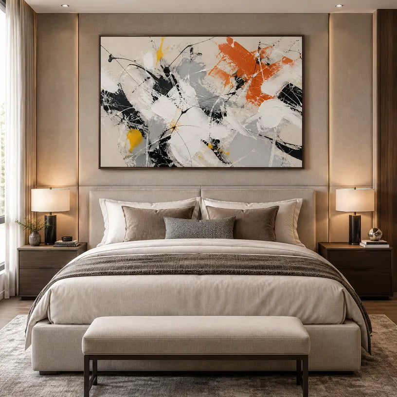 Abstract Expressionist abstract oil painting showing black, white, grey and orange gestural marks, contemporary wall art.