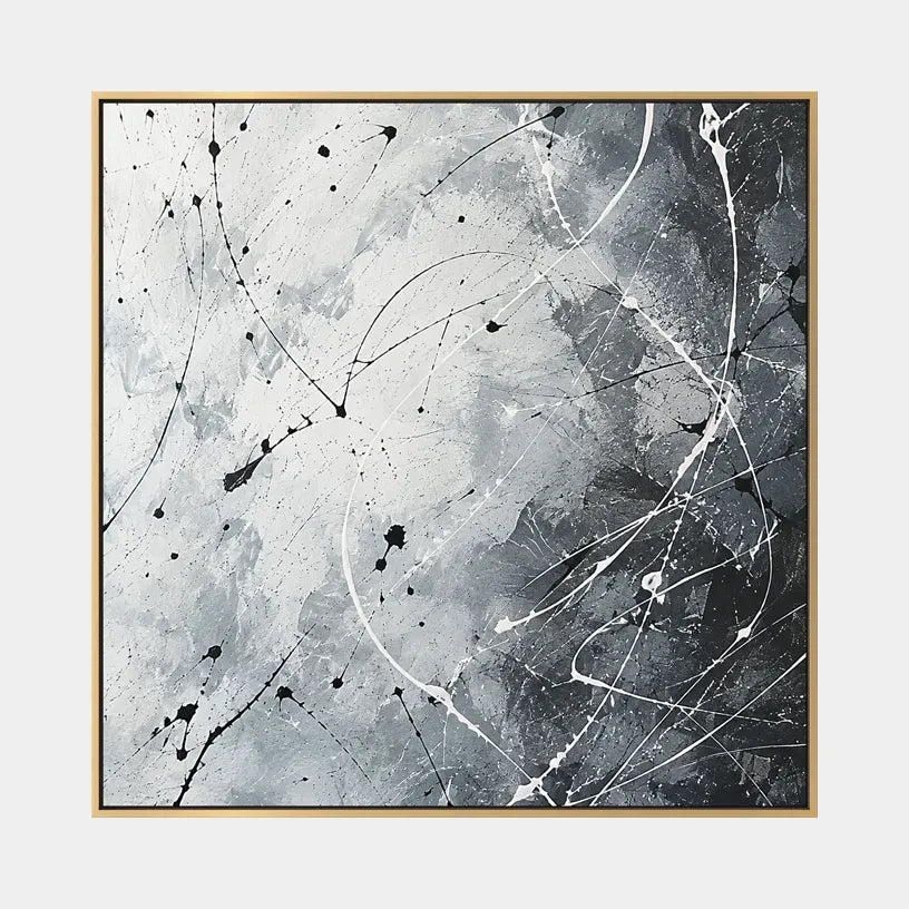 Abstract Expressionist abstract oil painting showing misty grey gestural marks and white texture in a grey palette, contemporary wall art.