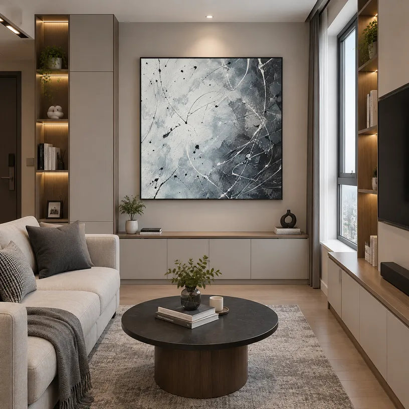 Abstract Expressionist abstract oil painting showing misty grey gestural marks and white texture in a grey palette, contemporary wall art.