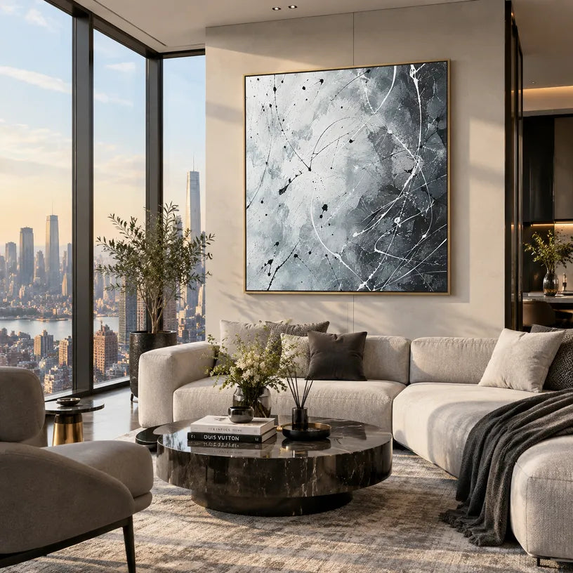 Abstract Expressionist abstract oil painting showing misty grey gestural marks and white texture in a grey palette, contemporary wall art.