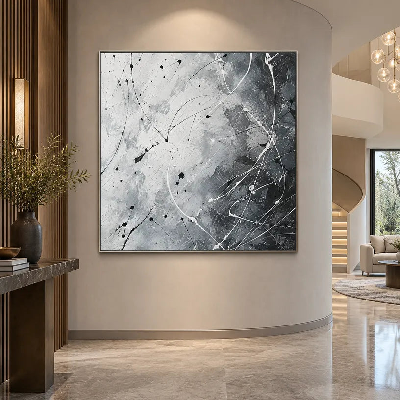 Abstract Expressionist abstract oil painting showing misty grey gestural marks and white texture in a grey palette, contemporary wall art.