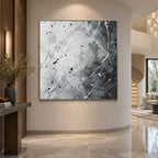 Abstract Expressionist abstract oil painting showing misty grey gestural marks and white texture in a grey palette, contemporary wall art.
