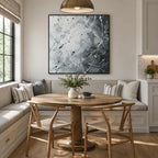 Abstract Expressionist abstract oil painting showing misty grey gestural marks and white texture in a grey palette, contemporary wall art.