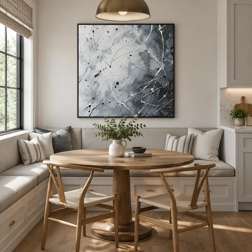 Abstract Expressionist abstract oil painting showing misty grey gestural marks and white texture in a grey palette, contemporary wall art.