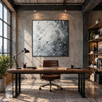Abstract Expressionist abstract oil painting showing misty grey gestural marks and white texture in a grey palette, contemporary wall art.